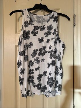 Women’s White Tank with Black Floral Print and Chest Pocket